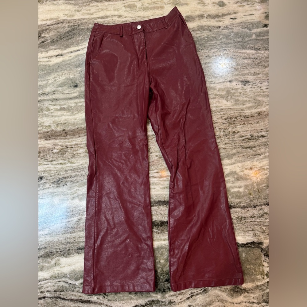 Faux Leather Straight Leg Pants - Burgundy